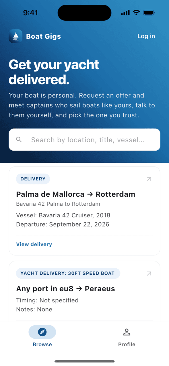 The Boat Gigs app showing open yacht deliveries
